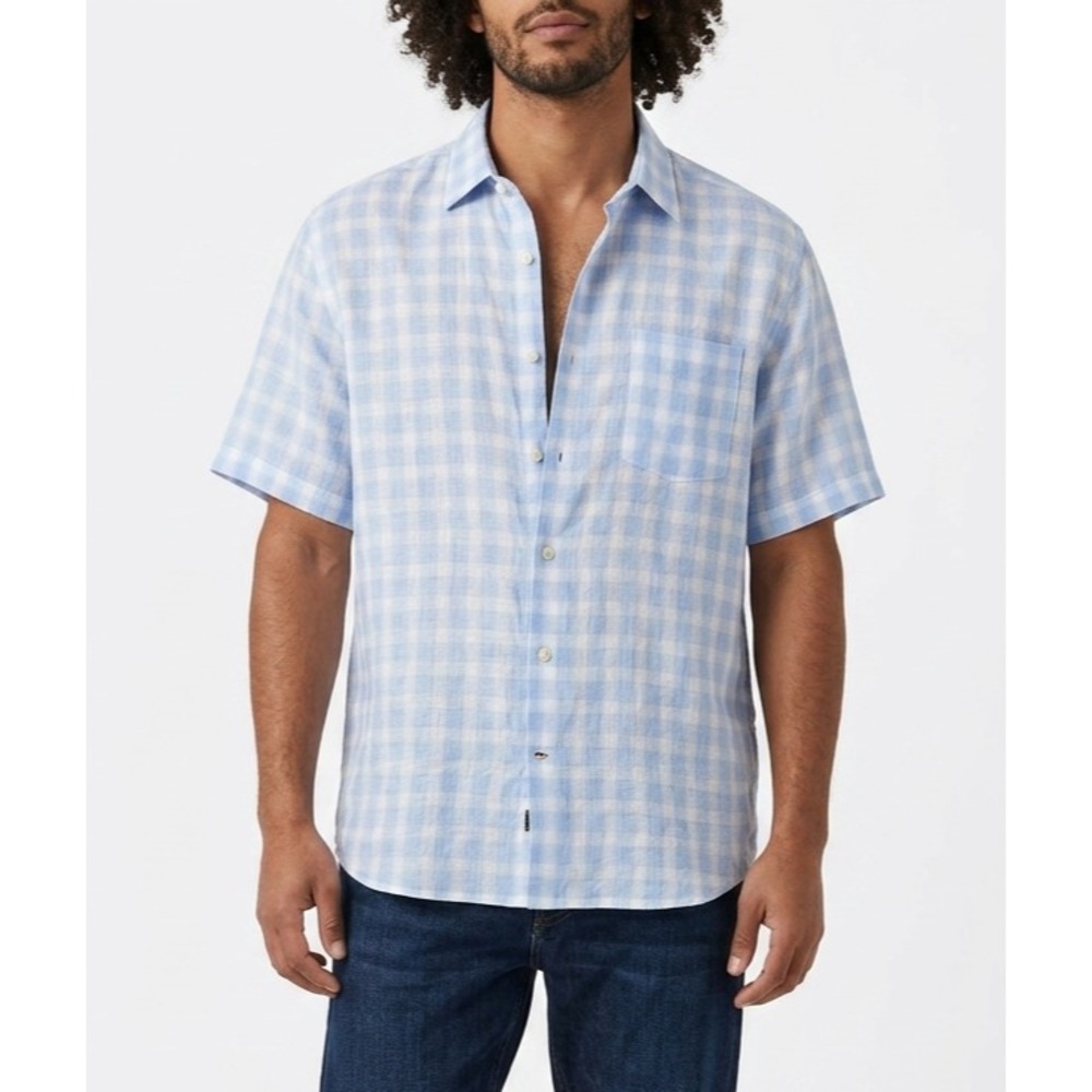 Metropolitan Lord & Taylor Mens XL Light Blue Plaid Short Sleeve Button Up Shirt